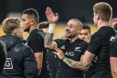 All Blacks' Jordie Barrett, All Blacks TJ Perenara and All Blacks Damian McKenzie after the All Blacks v France test match at Forsyth Barr Stadium, Dunedin, New Zealand. 23 June 2018. Copyright Image: Derek Morrison / www.photosport.nz