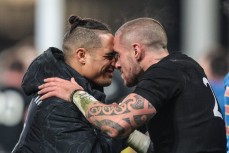 All Blacks Aaron Smith and TJ Perenara hongi after the All Blacks v France test match at Forsyth Barr Stadium, Dunedin, New Zealand. 23 June 2018. Copyright Image: Derek Morrison / www.photosport.nz