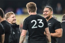 All Blacks' Jordie Barrett, All Blacks Ofa Tuungafasi and All Blacks Damian McKenzie after the All Blacks v France test match at Forsyth Barr Stadium, Dunedin, New Zealand. 23 June 2018. Copyright Image: Derek Morrison / www.photosport.nz