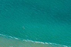 Surfers paddle out into small waves near St Clair Beach in this aerial shot of the Dunedin coastline, St Clair, Dunedin, New Zealand.