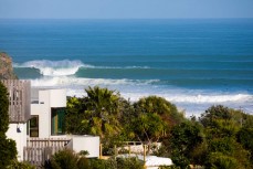 A large set hits Outsides at Raglan, Waikato, New Zealand.