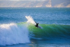 Nat Hughes on rail at Manu Bay, Raglan, Waikato, New Zealand.
