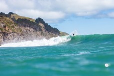 Larry Fisher attacking the lip on a decent wave at Raglan, Waikato, New Zealand.