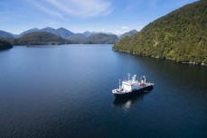 Professor Khromov (aka The Spirit of Enderby) at anchor in Dusky Sound, Fiordland during a Heritage Expeditions voyage to the Sub-Antarctic Islands, New Zealand.