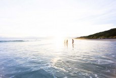 Sunset swimmers on dusk during a small summer swell at Blackhead, Dunedin, New Zealand. 