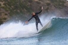 Ava Henderson makes the most of conditions during a freesurf at the 2019 Emerson's Brewery South Island Surfing Championships. Blackhead, Dunedin, New Zealand.