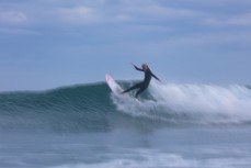 Ava Henderson makes the most of conditions during a freesurf at the 2019 Emerson's Brewery South Island Surfing Championships. Blackhead, Dunedin, New Zealand.