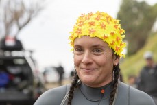 Fiona brightening up the lineup with her happy hood during a small winter session at Karitane, Dunedin, New Zealand.Credit: www.boxoflight.com/Derek Morrison