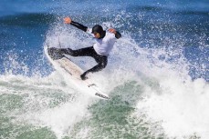 Levi O'Connor releases the fins during a Buller vs Kaikoura contest in a fun winter swell at Kaikoura, Canterbury, New Zealand. 