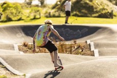 Late afternoon sunshine at Raglan Skate Park, Raglan, Waikato, New Zealand.