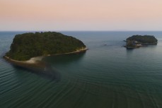 Aerial of the beaches and Hauturu Island at Whangamata, Coromandel, New Zealand.