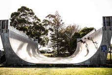 Matt and Tai Bennett skate the vert ramp at Mount Maunganui, Bay of Plenty, New Zealand.