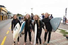 Groms (from left) Sari Ayson, Kaila Eade, Rewa Morrison and Bella Burns at the Health 2000 2020 New Zealand Surfing Championships held at St Clair, Dunedin, New Zealand.