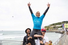 Men's champion Elliot Paerata-Reid celebrates after winning the Health 2000 2020 New Zealand Surfing Championships held at St Clair, Dunedin, New Zealand.