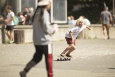 Keo Morrison, 10, skates between surfs at Sumner, Christchurch, Canterbury, New Zealand. 
