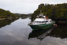 The Southern Winds at anchor during a Department of Conservation sea lion pup tagging trip to Port Pegasus, Stewart Island, New Zealand.