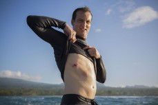 Brett Wood scarred up after his first wave at Salani Rights, Salani, Samoa. 