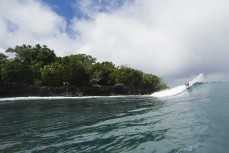 Bones surfing at Boulders, Samoa. 