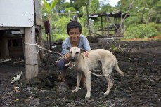 Local child with pet dog near Boulders, Samoa. 