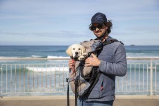 Markus with his Lockdown support buddy during Alert Level 4 St Clair style, Dunedin, New Zealand.
Credit: www.boxoflight.com/Derek Morrison