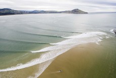 Lineup during a rare swell on the North Coast, Dunedin, New Zealand. Photo: Derek Morrison