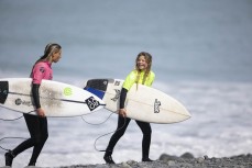 Rewa Morrison and Ava Henderson share a laugh after a heat together during the Kaikoura Grom Comp held at Meatworks near Kaikoura, New Zealand, October 3-4, 2020. Photo: Derek Morrison/www.nzsurfjournal.com