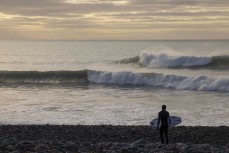 Dawn lineup during the 2020 New Zealand Scholastics Surfing Championship held at a surf break near Kaikoura, New Zealand. Photo: Derek Morrison