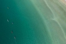 Waka ama teams from above during the Pearl of the North waka ama race held near Te Tii, Northland, New Zealand.
