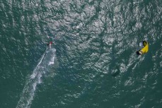 Clive Neeson kite surfs  near Oakura, New Plymouth, Taranaki, New Zealand.