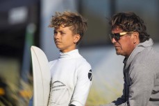 Manu and his dad Nick Roberts, of Tairua, at Tauranga Bay, Westport, West Coast, New Zealand.
Credit: www.boxoflight.com/Derek Morrison