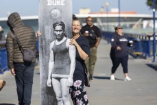 Roxanne with The Duke himself during the 2021 Duke Festival of Surfing held at New Brighton, Christchurch, New Zealand. Photo: Derek Morrison