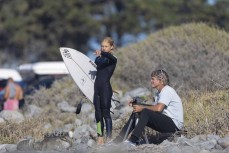 Kyra and Phil Wallis training at a surf break near Kaikoura, New Zealand. Photo: Derek Morrison