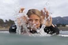Rewa Morrison at a surf break near Kaikoura, New Zealand. Photo: Derek Morrison