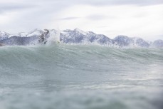 Anna Brock a long way from home surfing at Meatworks near Kaikoura, New Zealand. Photo: Derek Morrison