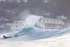 Josh Thickpenny launches a section during a late autumn swell at St Clair, Dunedin, New Zealand.