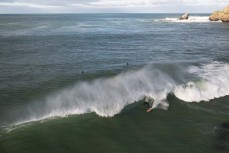 Aerial view during a surf at a break on the north coast, Dunedin, New Zealand. Photo: Derek Morrison