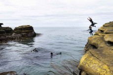 Taya, Rewa and Tessa launch a rockjump at a remote beach in the Catlins, Southland, New Zealand.Credit: www.boxoflight.com/Derek Morrison