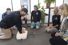 Big wave surf team James Cross and Joe Dirt practise CPR techniques at a Surfers Rescue 24/7 training course held at South Coast Board Riders Association at St Clair, Dunedin, New Zealand.
