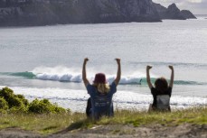 Keo Morrison and Max Wooffindin at a remote beachbreak in the Catlins, New Zealand. Photo: Derek Morrison