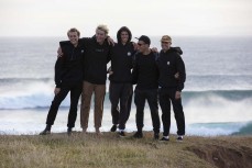 The Backdoor surf team post session in the South Island, New Zealand. From left: Daniel Farr, Taylor Hutchison, Caleb Cutmore, Paul Moretti, Darren Celliers. Photo: Derek Morrison