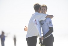 Taylor Hutchison congratulates Caleb Cutmore on his win at the 2022 South Island Surfing Association Men's Canterbury Champs held at North Wai, Christchurch, New Zealand. Photo: Derek Morrison