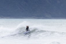 Keo freesurfing during the 2022 O'Neill Kaikoura Cold Water Classic held at a surf break near Kaikoura, New Zealand. Photo: Derek Morrison