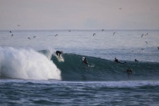 Keo Morrison drops into a wave at Blackhead, Dunedin, New Zealand.Photo: Derek Morrison