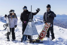 Rewa Morrison with Matt and Johnno Sherborne at Cardrona ski field, Cardrona Valley, Wanaka, New Zealand.