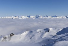 Above the clouds at Cardrona ski field, Cardrona Valley, Wanaka, New Zealand.