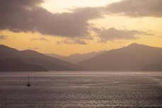 Sunset in the Marlborough Sounds near Picton, Tasman, New Zealand.