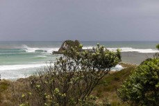 Lineup during the Cyclone Hale swell at Mangawhai, Northland, New Zealand.Credit: Derek Morrison
