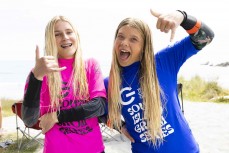 Tessa Gabbott and Rewa Morrison at the Westport round of the 2023 South Island Surfing Association South Island Grom Series held at Nine Mile, Westport, New Zealand.