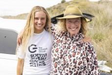 Ava and Donna Henderson at the Westport round of the 2023 South Island Surfing Association South Island Grom Series held at Nine Mile, Westport, New Zealand.