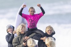 Sol Fritchley wins the Under 14 boys at the Kaikoura Grom Comp held at a surf break near Kaikoura, New Zealand. Photo: Derek Morrison